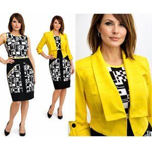 Joseph Ribkoff Yellow Jacket Dress Set Geometric Print Size 12